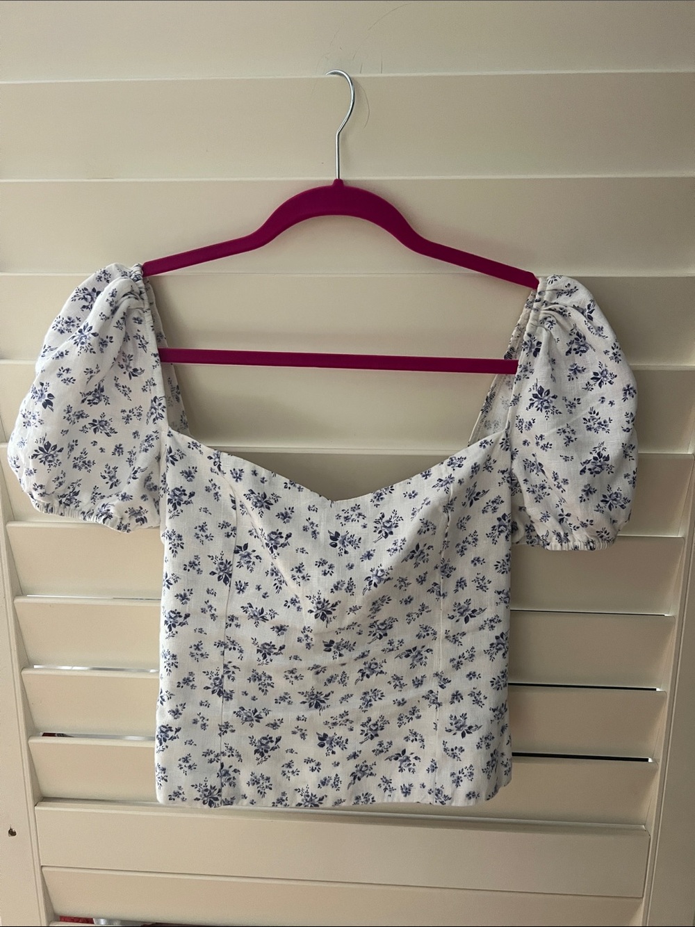 Reformation White Crop Top with Blue Floral Print